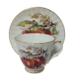 Vintage Crown Trent Teacup and Saucer Staffordshire England Red Apples Gold Trim